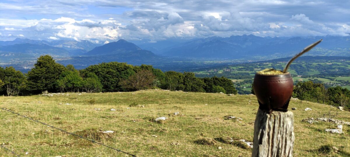En la cima del Salève. el mate mira a los Alpes Suizos